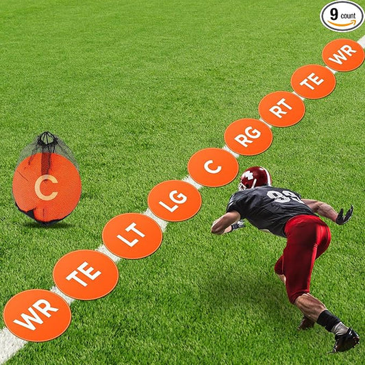 9 Pcs Football Lineman Spot Markers with Mesh Bag 9 Inch Non Slip Vinyl Poly Floor Agility Dots Flat Field Cones for Football Coaching Speed Agility Training Equipment