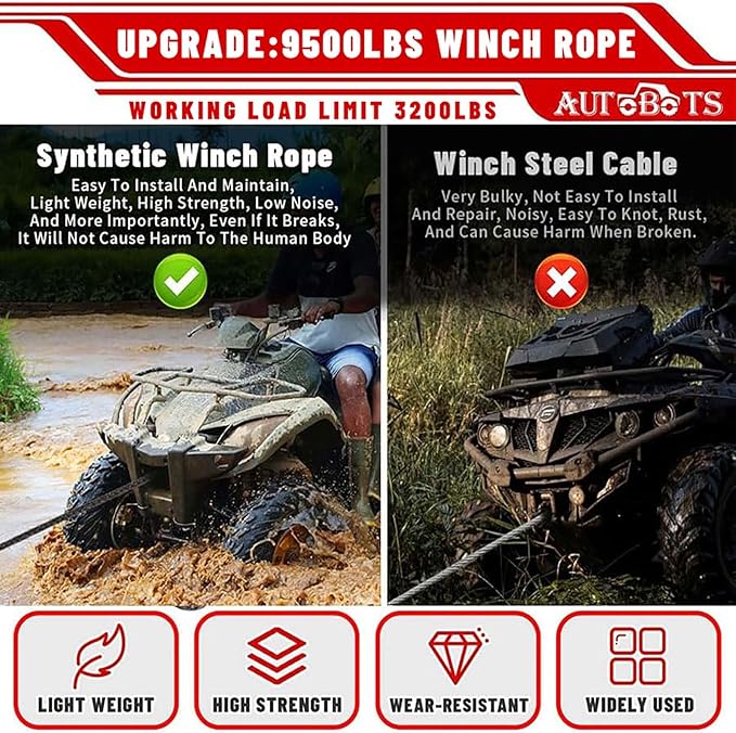 AUTOBOTS Synthetic Winch Rope 1/4" X 50 Ft，Max 9500lbs Winch Rope with Heavy Duty 3/8 Hook，Winch Cable Line for Off Road Vehicle ATV UTV RED