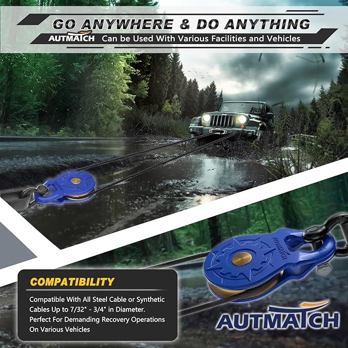 AUTMATCH Winch Snatch Block 18 Ton - Winch Pulley (79,366 Lbs) Break Strength, Heavy Duty Off Road Recovery Towing Pulley Blocks for Synthetic Rope or Steel Cable, Truck, UTV, ATV, Blue