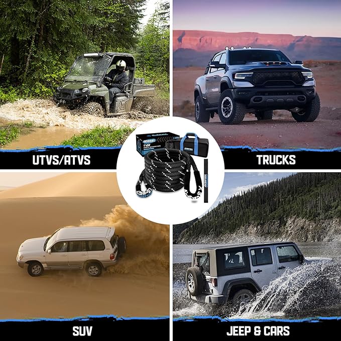 Kinetic Recovery Rope (Reflective) | 1in x 30ft 48,500Lbs Heavy Duty, 35% Elasticity Tow Rope - Offroad Snatch Strap for 4x4 Truck SUV UTV ATV Jeep