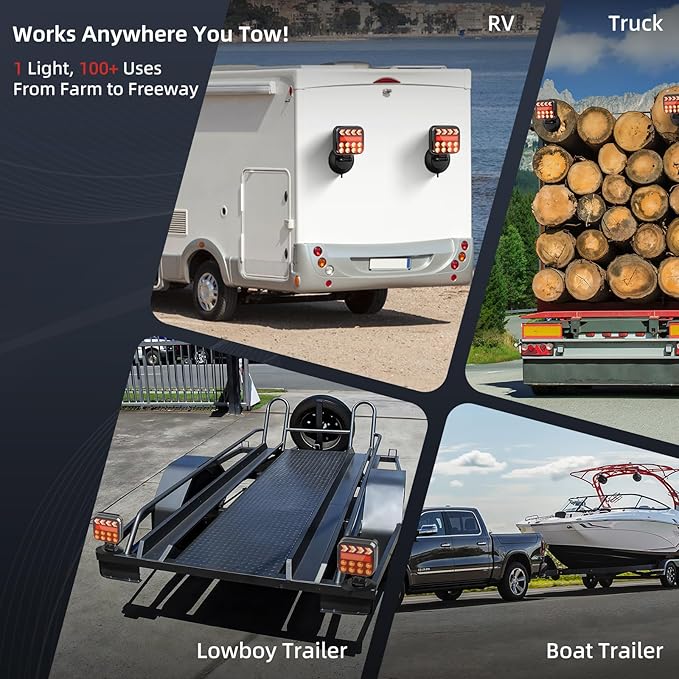 Wireless Trailer Lights Magnetic, Rechargeable LED Tail Lights with 2.4GHz Wireless Signal, Adjustable Magnetic Tow Light for Trucks, Boats, RVs, Campers, IP67 Waterproof Trailer Light Kit