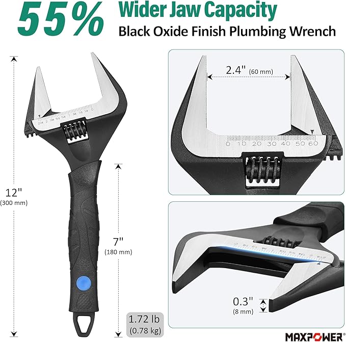 MAXPOWER 12 inch Adjustable Wrench, Wide Jaw Capacity 2.4 inch (60 mm)