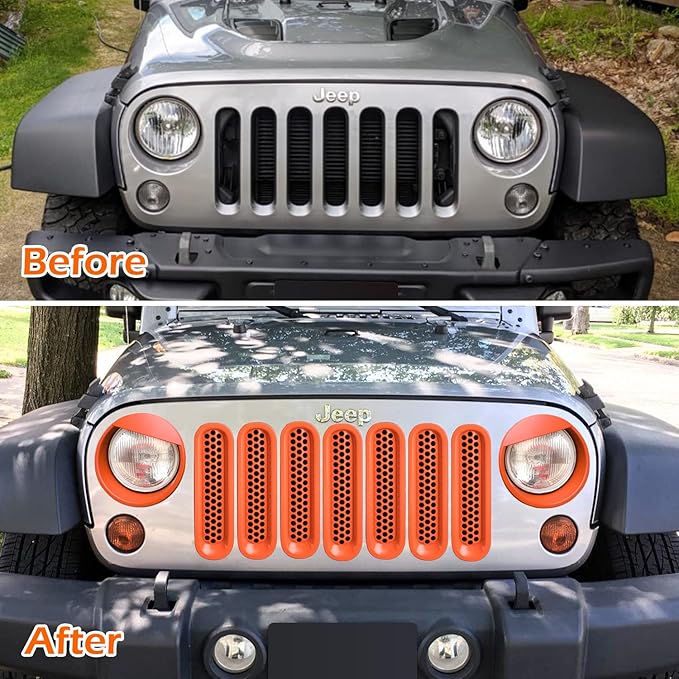 Front Grille Mesh Inserts & Headlight Cover for Jeep Wrangler JK JKU Sport Freedom Rubicon Sahara Unlimited 2007-2018 Exterior Accessories Clip-in Grille Guard Headlight Bezels Trim (Matte Orange)