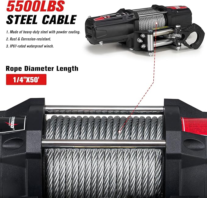 FieryRed ATV/UTV Winch 12V 5500 lb Electric Winch with Steel Cable, with Wireless Remote Control Hawse Aluminium Fairlead & Mounting Bracket, Waterproof IP67