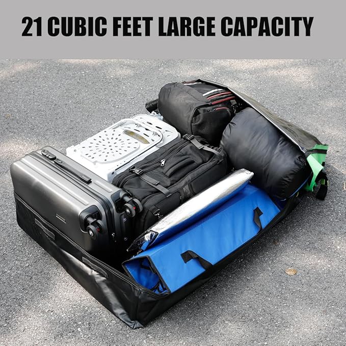 Car Roof Bag, Rooftop Cargo Carrier 21 Cubic Feet, Waterproof Car Topper Luggage Carrier with/Without Rack, Includes Anti-Slip Mat, 8 Reinforced Straps, 8 Door Hooks, Luggage Lock, Storage Bag