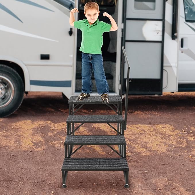 Updated Hot tub Steps & RV Steps with Single Side Handrail, 4 Steps Mobile Home Stairs Steps with 4Pcs Anti Slip Step Mats Heavy Duty Stairs for Travel Trailer, Motor Home, Camper