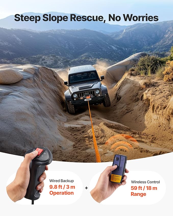 VEVOR 13,500 lb Electric, Truck Winch 12V DC 3/8 in x 80 ft Synthetic Rope Aluminum Fairlead Wireless & Wired Remote Control, 13500 lbs, IP55 Waterproof Towing for Off Road Jeep SUV Boat