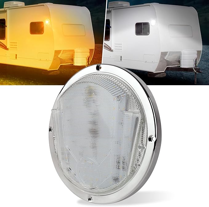 LED RV Exterior Light,8.5 Inch Round Scare Porch Light with 100pcs Dual Color Leds Flood Awning Light Replacement kit Surface Mount Fixture for RV Trailer Fifth Wheel Camper Bus