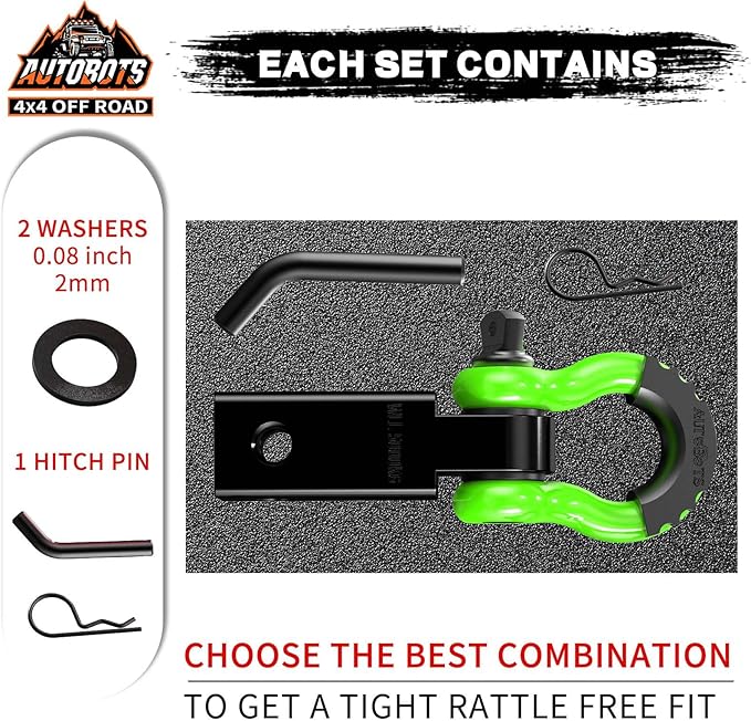 AUTOBOTS Tow Hitch Receiver 2", 45,000 Lbs Break Strength Shackle Hitch Receiver with 5/8" Screw Pin, 3/4 Shackle, Towing Accessories for Vehicle Trailer Recovery Off-Road Green&Black
