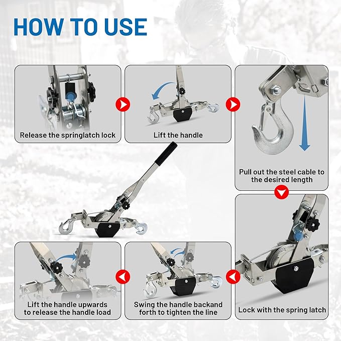 POLESTAR Come Along Winch, 1500 lbs Pull Capacity, 15 ft Steel Cable Hand Winch with 2 Hooks, Heavy Duty Dual Ratchet Cable Winch Puller, Automotive Towing Hoist Puller for Recovery, Moving, Securing