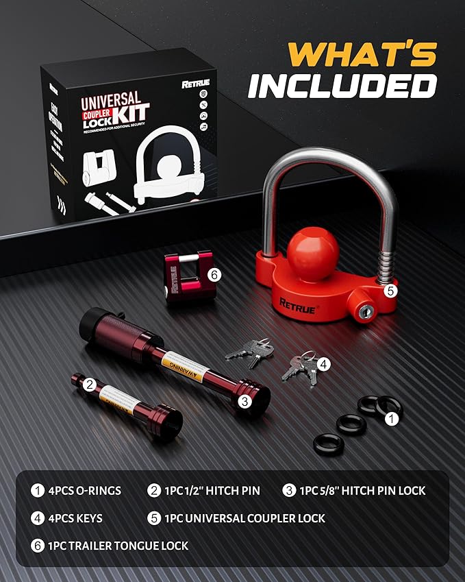 RETRUE Keyed Alike Trailer Lock Set Tow & Store Lock Kit Include Universal Coupler Lock & Dual Hitch Receiver Pin Lock & Trailer Tongue Lock, Red