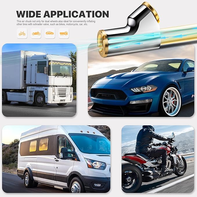 12" Extended Reach Dual Head Air Chuck, 2-Way Connection 1/4" FNPT Straight Foot Lock On Tire Inflate Chuck, Tire Chuck w/Quick Plug, Air Compressor Fill Kit for Truck RV Semi Dually Tires