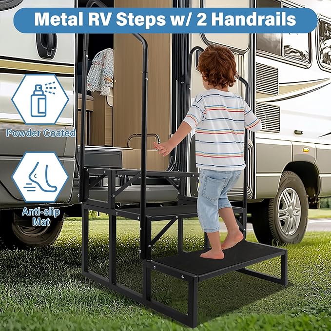 RV Steps w/Dual Handrails, 3-Step Spa Hot Tub Steps with Anti-Slip Pedals, 660lbs Load Capacity, Universal Portable Mobile Home Stairs Steps for 5th Wheel RV, Spa, Porch, Pool, Travel Trailers