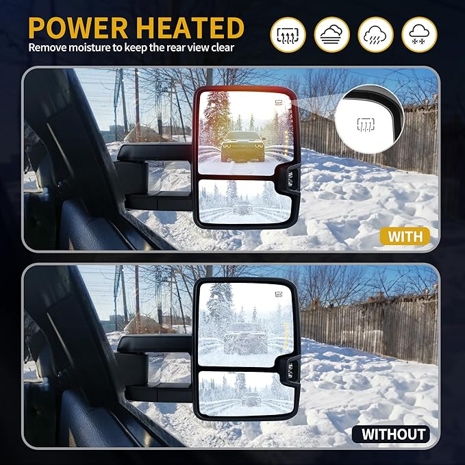 DWVO Towing Mirrors Compatible with 07 08 09 10 11 12 13 Silverado 1500 2500 3500 Tahoe Suburban Avalanche GMC Sierra Yukon Cadillac Folding Power Heated Manual Telescoping LED Turn Signal Light Black