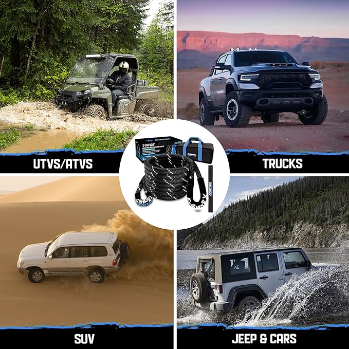 Kinetic Recovery Rope (Reflective) | 1.25in x 30ft 56,000Lbs Heavy Duty, 35% Elasticity Tow Rope - Offroad Snatch Strap for 4x4 Truck SUV UTV ATV Jeep