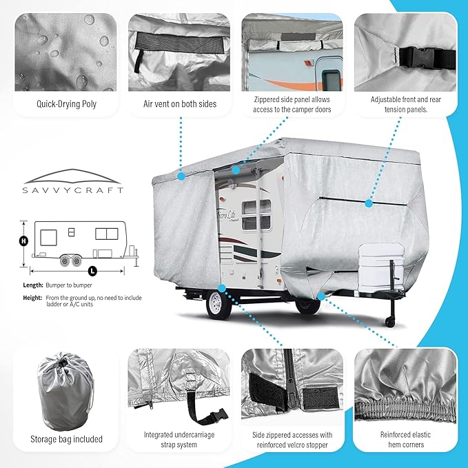 SavvyCraft ShieldAll Ultimate Travel Trailer Camper Cover, Heavy Duty RV Trailer Cover w/Access Panels fits 22 23 24 feet