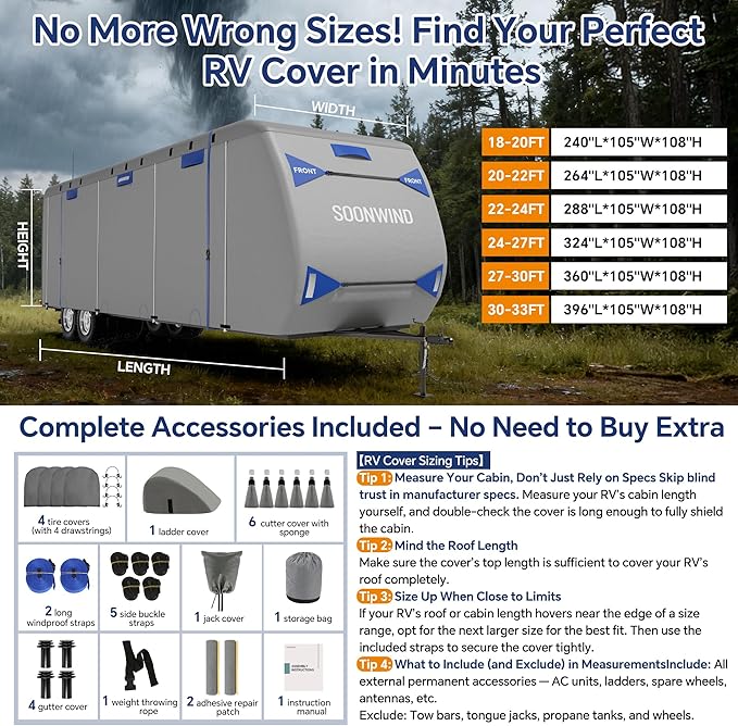 Heavy Duty 7 Layers RV Cover, Camper Cover & Travel Trailer Cover 27-30ft, Waterproof Windproof All-Weather Protection with Tongue Jack Cover, Gutter Covers & Reinforced Straps - Blue