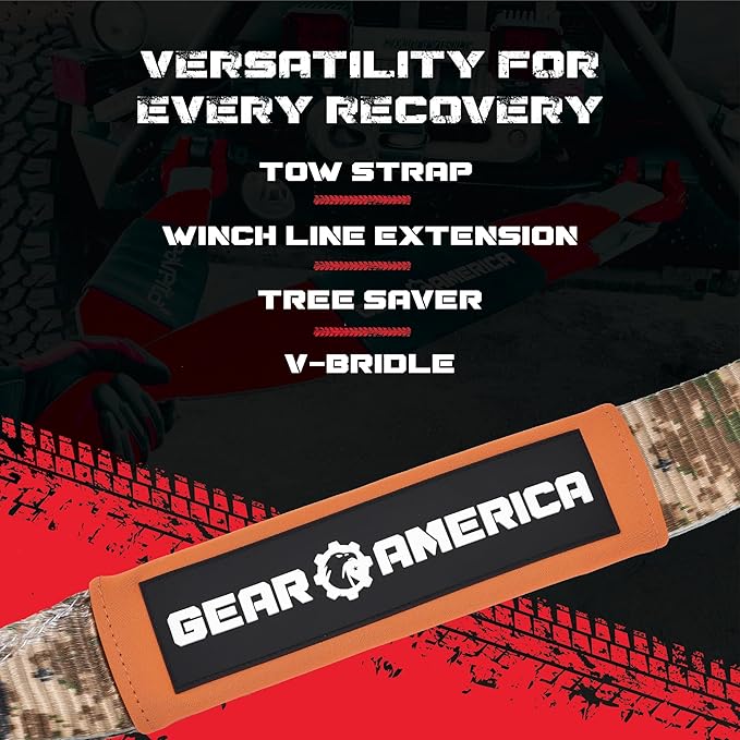 GearAmerica 3"x8' Heavy Duty Tree Saver Towing Sling - Winch Harness with 35,053 lbs Break Strength - Recovery Rope for Offroad, Weather Resistant + Triple Reinforced Loops (Camo)