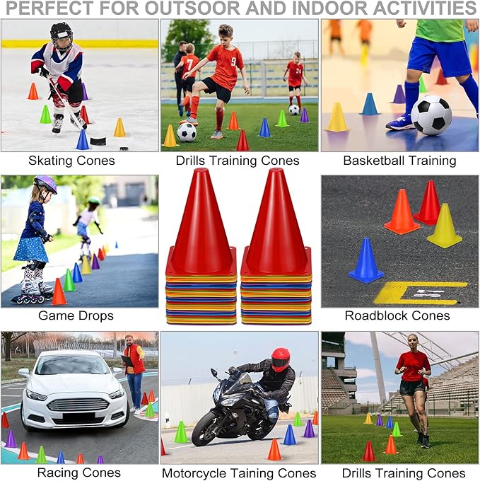 Leelosp 48 Pack 7" or 9" Plastic Traffic Cones Agility Field Marker Soccer/Safety/Sports/Training Cones for Skating Basketball Football Practice Drills Themed Party Decorations