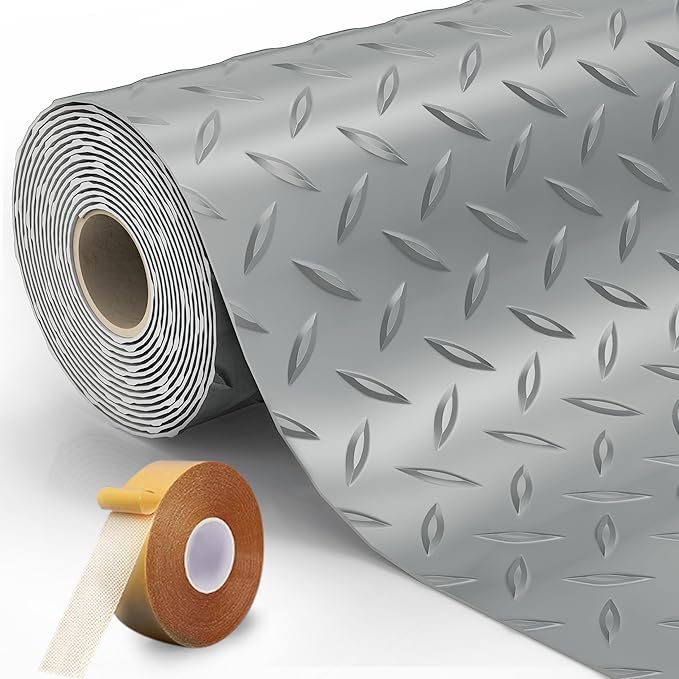 8.2x21 FT Floor Mat, 2.8mm 172.2 SQFT Non-Slip Diamond Plate PVC Garage Shop Parking Mat, Heavy Duty Flooring Roll for Workshop, RV Trailer, Golf Cart, Waterproof. Gray