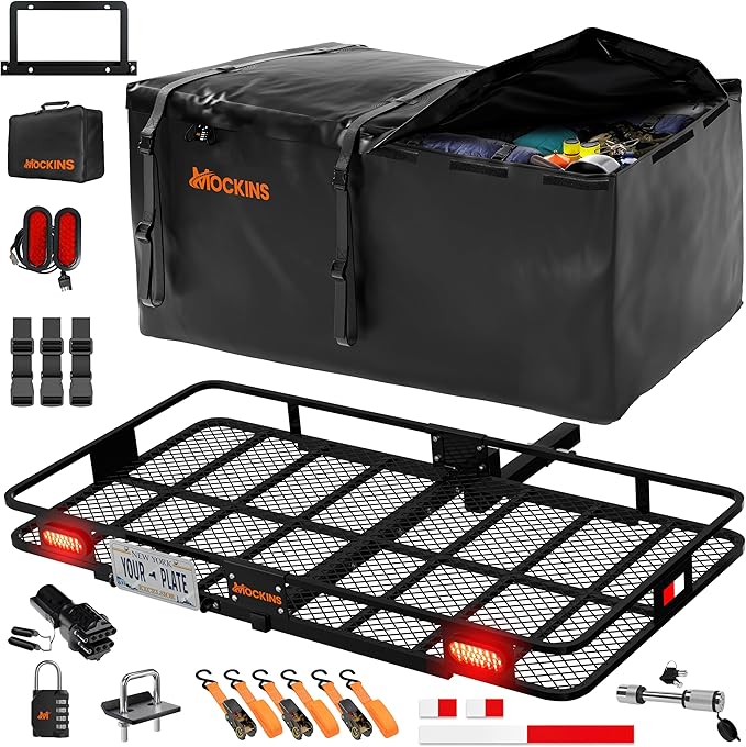 Mockins XXL 72"x36"x6" Folding Trailer Hitch Cargo Carrier w/ 50 CuFt Waterproof Cargo Bag for Hitch Carrier | 500 Lbs Cap Luggage Rack for SUV Car & Truck w/Rear Lights, License Plate Holder & More