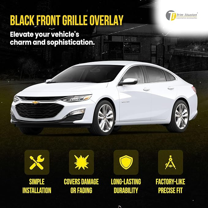 Gloss Black Chrome Delete Front Grille | Car Grille Cover | Grille Insert | Trim Overlay | Compatible with 2019-2025 Chevrolet Malibu | ABS6504BLK