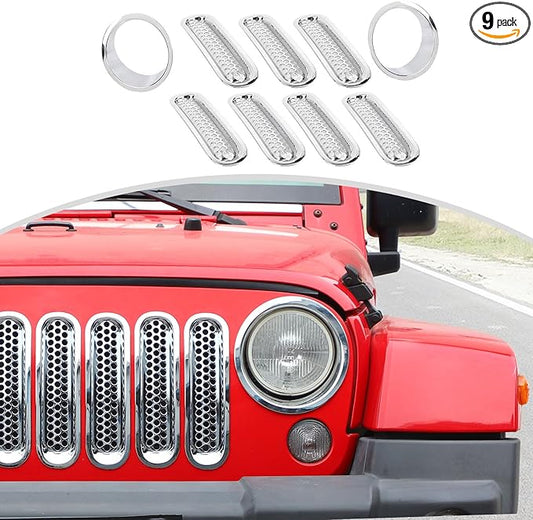 CheroCar for JK Mesh Grille Grill Insert & Headlight Cover Trim Exterior Accessories for Jeep Wrangler JK 2007-2017,Chrome…