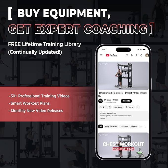 Mikolo Folding Squat Rack, Wall Mounted Power Rack with Cable Crossover Machine & LAT Pull Down, Functional Trainer with 5 Adjustable Function Modes, for Home Gym and Space Saving