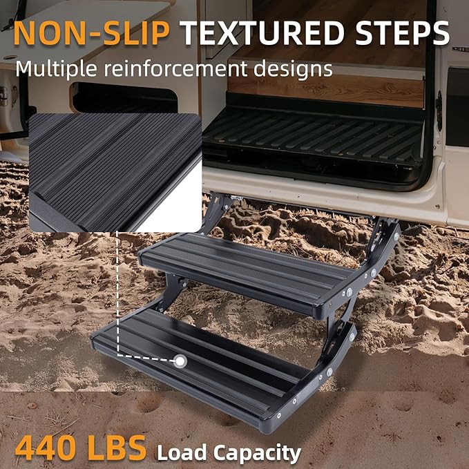 RV Steps, 2-Step, Manual Foldable RV Steps, 400 LBS Load Capacity, Retractable Aluminum Alloy Camper Steps, Thickened Steel Plate Trailer Steps, Non-Slip Design, Ideal for RV, Trailer, Camper, Black