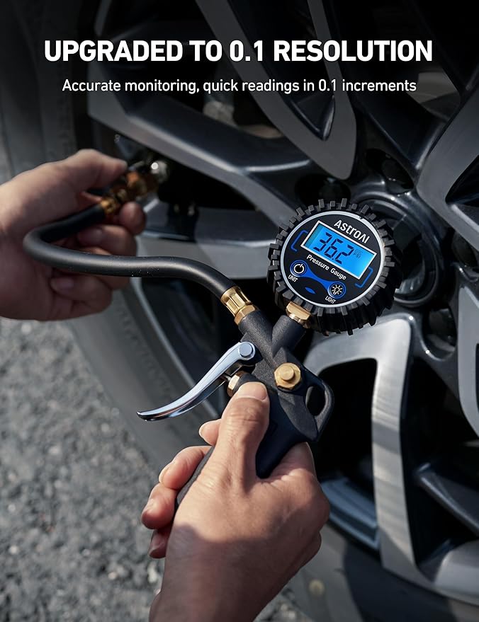 AstroAI Digital Tire Pressure Gauge with Inflator, 3-250 PSI Air Chuck & Compressor Accessories Heavy Duty with Quick Connect Coupler, 0.1 Display Resolution, 1pack