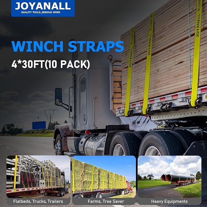 4 inch x 30' Straps for Flatbed Trailer (10 Pack), Heavy Duty Tie Down w/Flat Hooks 18,000lbs Break Strength, WLL# 6000lbs, Winch Straps for Flatbeds, Trucks, Trailers, Farms, Rescues, Tree Saver