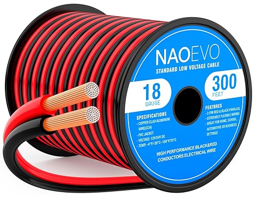 NAOEVO 18 Gauge Wire 300FT, 2 Conductors Electrical Wire Red Black Cable, Flexible/Low Voltage/PVC 18 AWG Copper Clad Aluminum Extension Cord for Speaker, LED Strips, Automotive 12V/24V DC