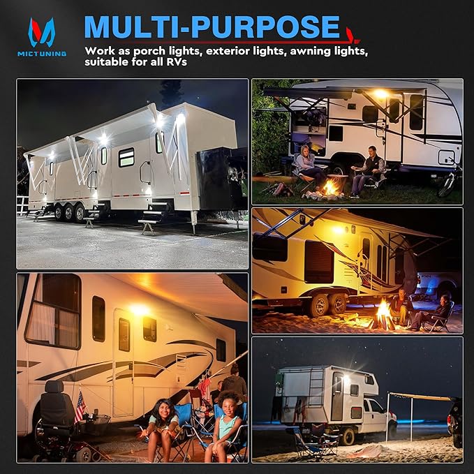 MICTUNING RV Porch Light, 9 Inch 54W Amber/White LED Exterior Utility Awning Light 6000K, Aluminum Housing IP67 Waterproof Replacement Lighting for Trucks, Trailers Bus Marine Boats Campers