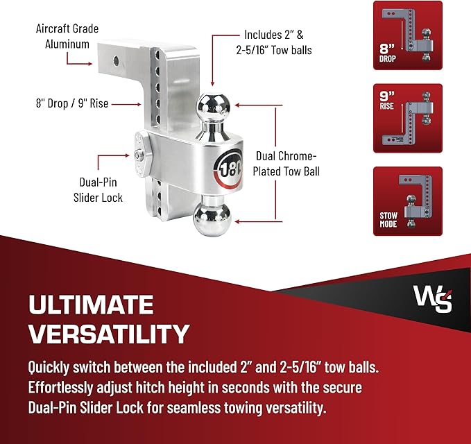 Weigh Safe 180-Degree Trailer Hitch - Adjustable Trailer Hitch for Towing - Compatible with 2.5" Receivers - 8" Drop, Chrome-Plated Tow Balls, 12,500 GTW, 2-Piece Lock Set