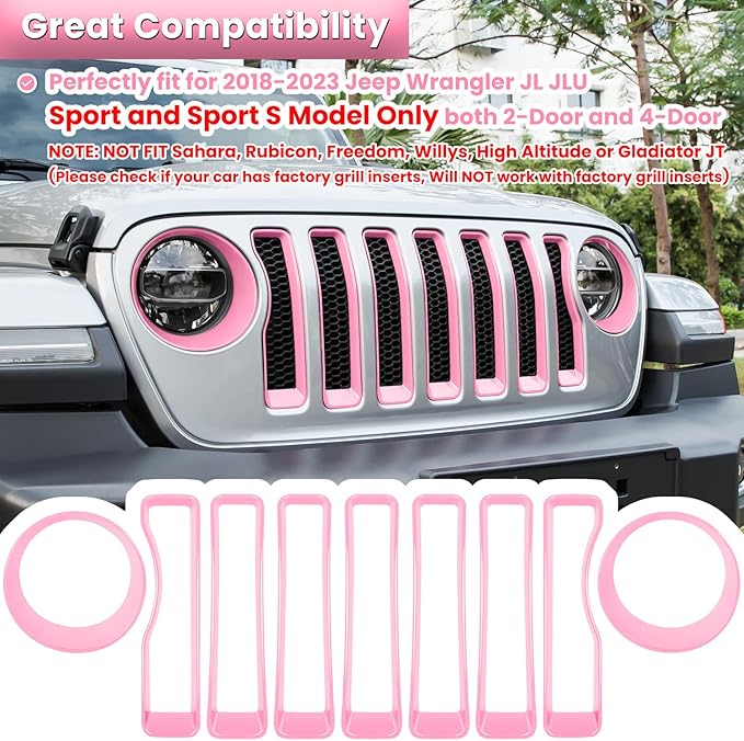 Front Grille Mesh Inserts & Headlight Cover for Jeep Wrangler JL JLU Sport & Sport S Only 2018-2023 Exterior Accessories Clip-in Grille Guard Cover Headlight Bezels Trim Ring (Pink 9PCS)