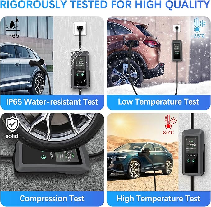 Level 1&2 EV Charger, 16Amp, Portable Charger for Home/Outdoor, 25FT Cable 110V-240V, J1772 Electric Cars, Charging Stations, Current Adjustable, NEMA 6-20 & NEMA 5-15 Adapter. Tesla Needs Adapter