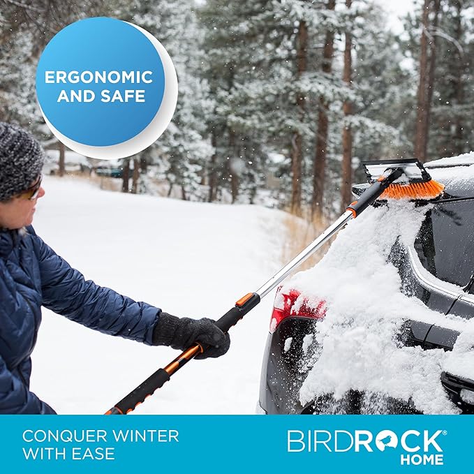 BIRDROCK HOME 58" Extendable Snow Brush with Detachable Ice Scraper | Heavy Duty, Non-Scratch for Cars, SUVs, Trucks | Windshield Paint Friendly | Telescoping Handle, Pivoting Squeegee & Bristle Head