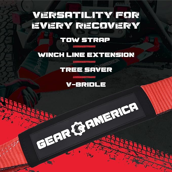 GearAmerica Heavy Duty 3"x20' Tow & Winch Strap - Tree Saver with 35,053 lb Break Strength - Offroad Recovery Rope, Weather Resistant - Triple Reinforced Loops (Red) - Tow Strap