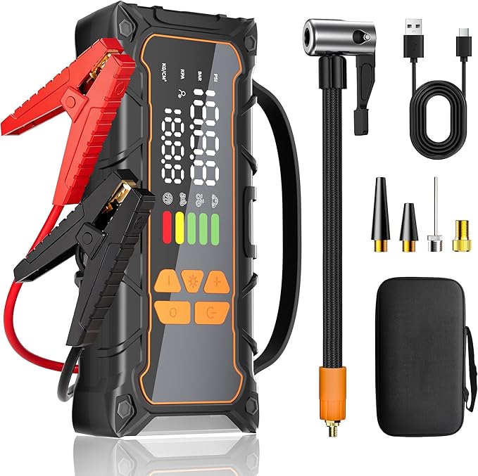 Battery Jumper Starter Portable, Jump Starter with Air Compressor-4000A 12V (7.0L Gas/ 6.0L Diesel) with 160PSI Tire Inflator, 10000mAh Jump Box Car Battery Jump Starter, Jumper Cables, LED Light