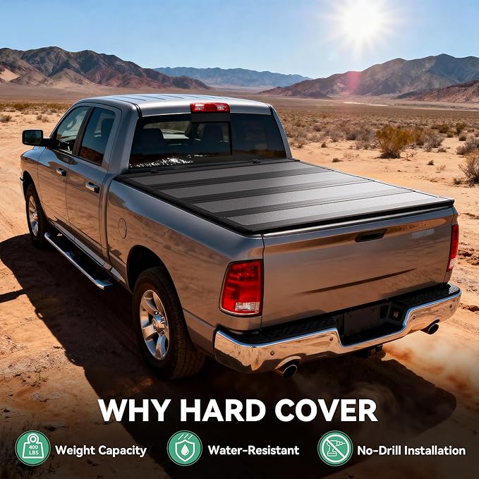 Low-Profile Hard Quad-fold Tonneau Cover Fit for Dodge Ram 1500 2009-2024, Fit for Dodge Ram 2500 3500 2010-2026, Fleetside 6.4ft Bed Without Rambox