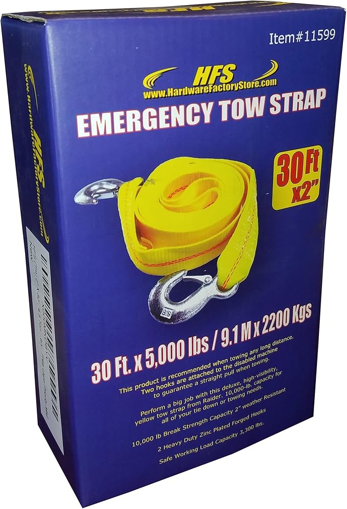 HFS(R) 2" X 30', 4.5 Ton 2 Inch X 30 Ft. Polyester Tow Strap Rope 2 Hooks 10,000lb Towing Recovery