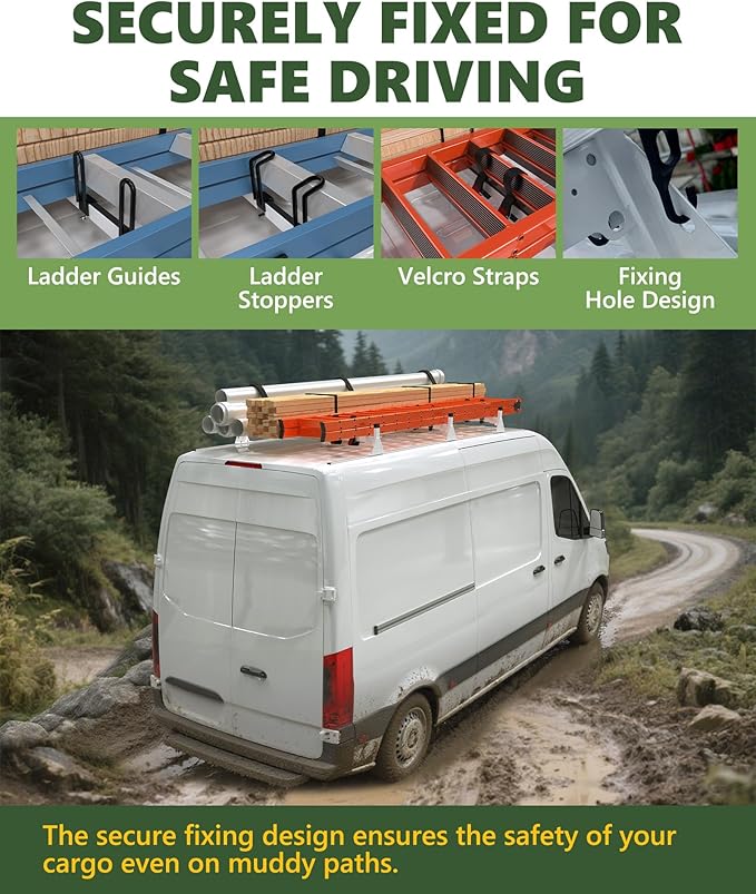 800LBS Heavy Duty Cargo Van Roof Rack Fit for Mercedes Benz Sprinter High Roof 144"/170"/170" ext w/Ladder Guides & Straps, Secure Pipes/Ladders/Materials
