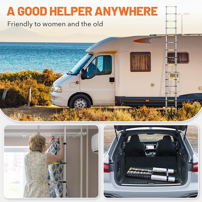 12.5FT Telescoping Ladder, Aluminum Lightweight Extension Ladder w/Triangle Stabilizers, 330lbs Capacity Retractable Ladder for RV Home and Outdoor Silvery