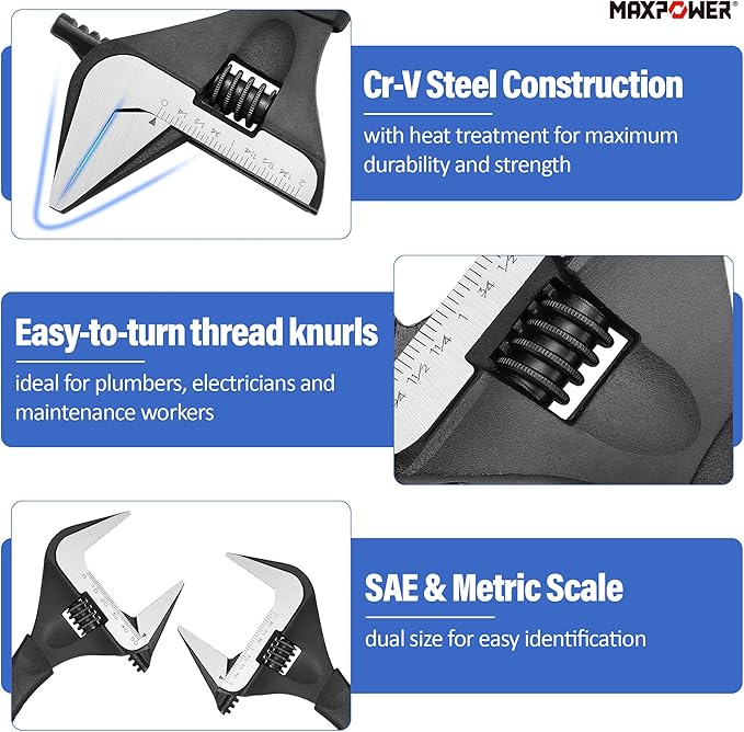 MAXPOWER 6 8 10 inch Adjustable Wrench Set, Wide Jaw Capacity 1.4" 1.6" 2" (35mm 40mm 50mm)