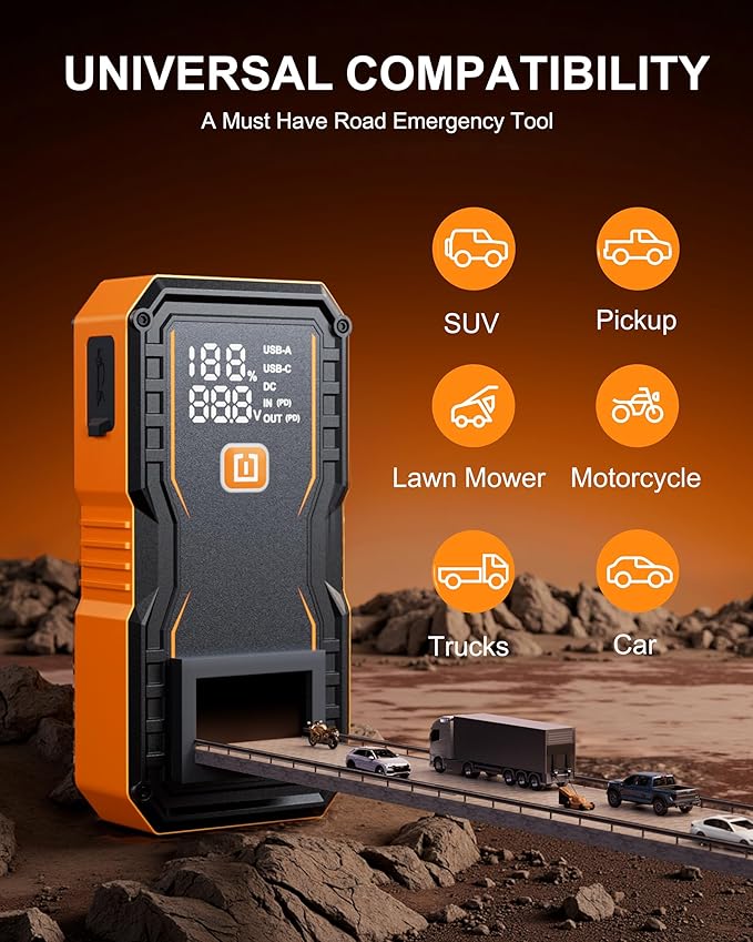 OXILAM 24000mAh Jump Starter for All Gas & Diesel Engines, 10000A Battery Jumper Starter Portable, 12V Jump Box with Quick Charger, Extended Jumper Cable, LED Display, USB, DC, Type C Port & LED Light