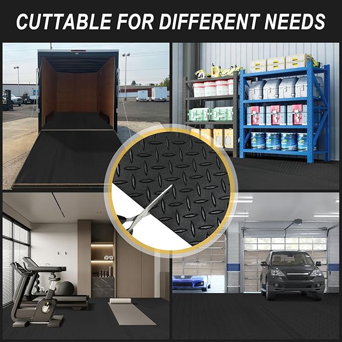 7.5x25 FT Garage Floor Mat, Updated 2.8mm Thicked Flooring Roll with 20Pcs Tapes, 188 sqft Diamond Plate PVC Rubber Trailer Mat, Non-Slip Floor Protector Mat for Garage Warehouse Gyms (Matte Black)