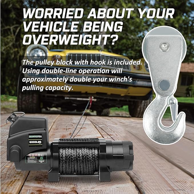 Winch with 1/4"×55 ft Synthetic Rope Electric Winch 12v 6000lbs, Trailer Winch with Wireless Remote &Manual Switch, with Pulley+Rubber Stopper,IP68 Waterproof, for Off Road ATV UTV