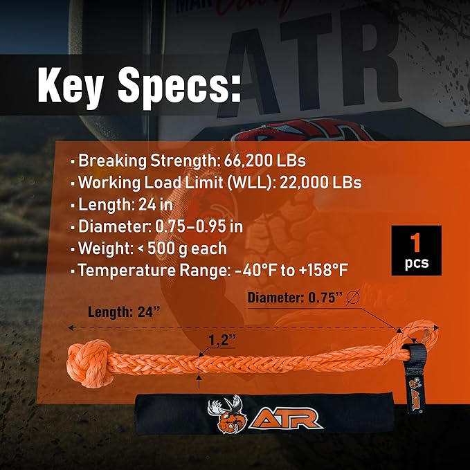 ATR Soft Shackle 3/4" x 24" (1 PC, Orange) – 66,200 lbs Strength | Heavy Duty Synthetic UHMWPE Rope Shackle with Protective Sleeve for Off-Road Recovery, Truck, Jeep, ATV, SUV