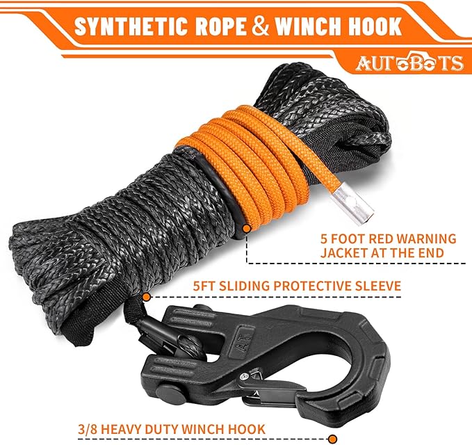 AUTOBOTS Synthetic Winch Rope 1/4" X 50 Ft，Max 9500lbs Winch Rope with Heavy Duty 3/8 Hook，Winch Cable Line for Off Road Vehicle ATV UTV Black
