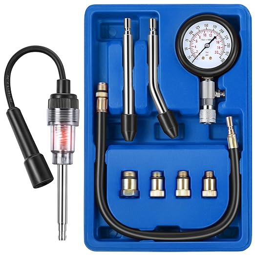 9 Pieces Automotive Compression Tester Kit and Spark Plug Tester, Universal Car and Motorcycle Engine Testing Tools for Cylinder Pressure Gauge (Blue)
